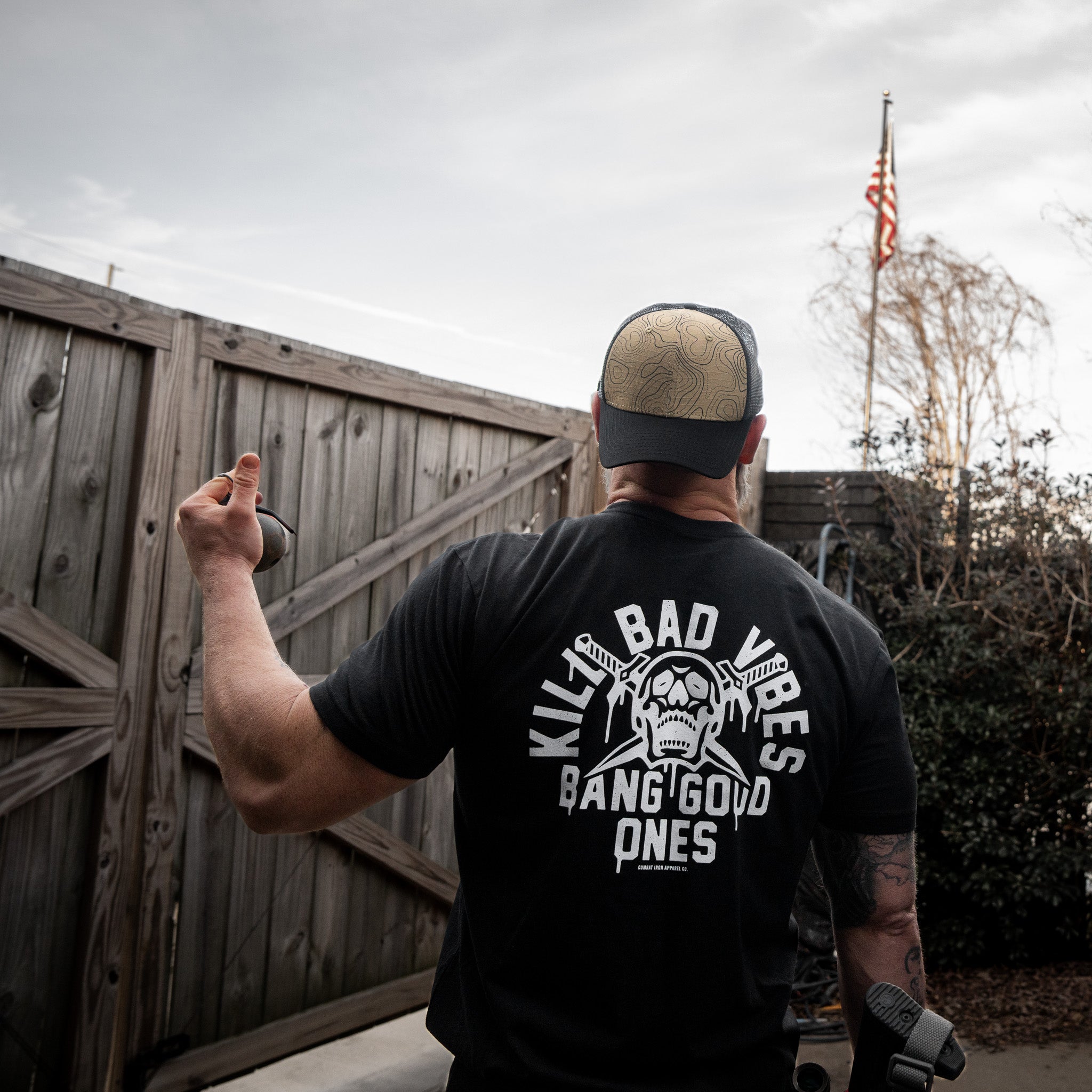 Kill Bad Vibes. Bang Good Ones Skull Men's T-Shirt