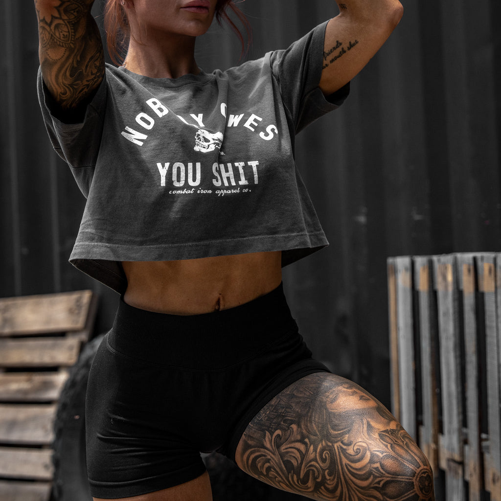 Nobody Owes You Shit Skull Women's Crop Heavyweight Tee