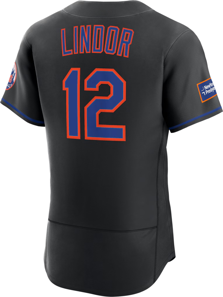 RONEY NY.Mets #12 Francisco Lindor Black Alternate Authentic Sponsor Patch Stitched Jersey