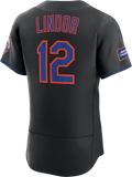 RONEY NY.Mets #12 Francisco Lindor Black Alternate Authentic Sponsor Patch Stitched Jersey
