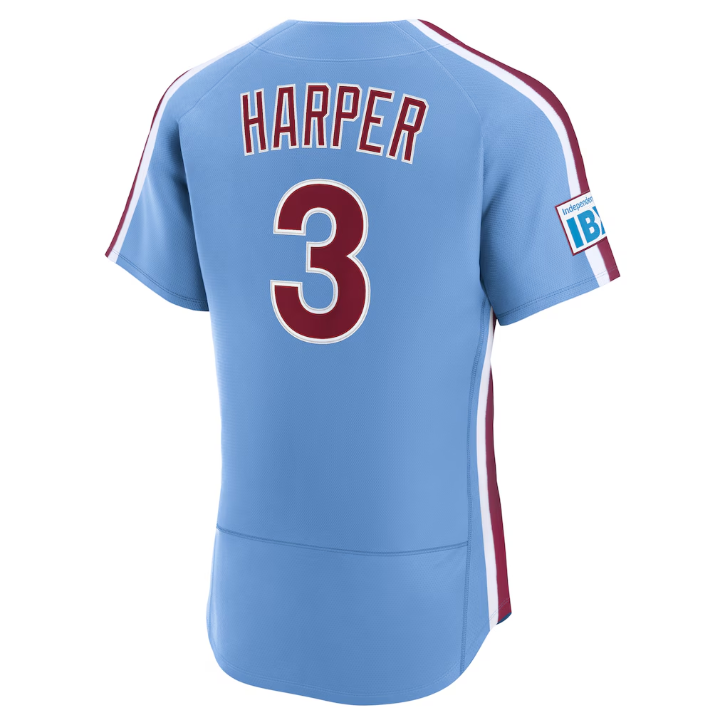 RONEY PH.Phillies #3 Bryce Harper Light Blue Alternate Authentic Sponsor Patch Stitched Jersey