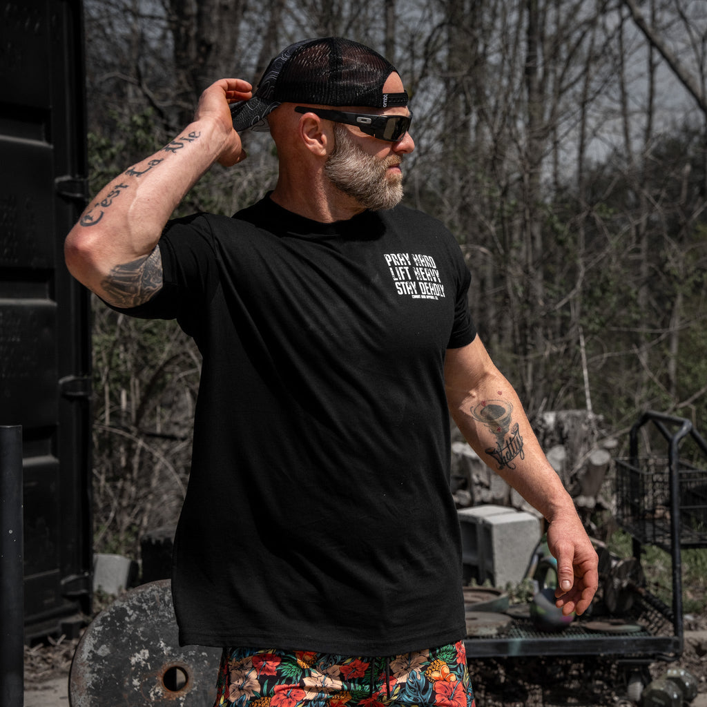 Pray Hard. Lift Heavy. Stay Deadly. V2 Men's T-Shirt